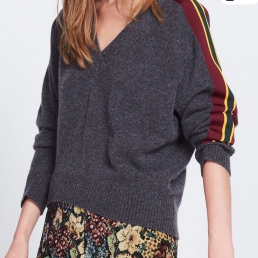 Sandro Paris Wool V-Neck Pullover Sweater Gray Stripe 3 M/L Preppy Chic Academia